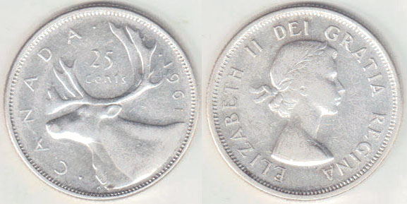 1961 Canada silver 25 Cents A005490